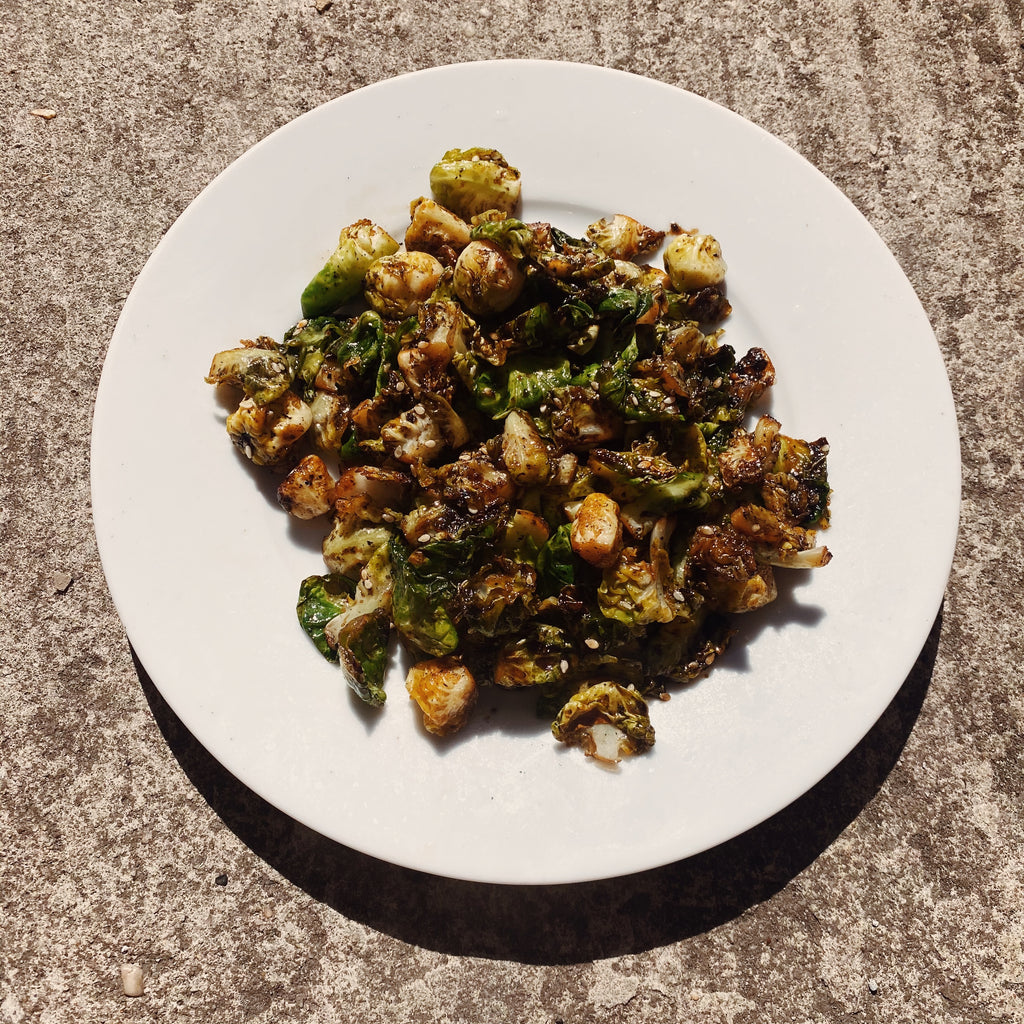Pan Fried Brussels Sprouts with Black Sesame